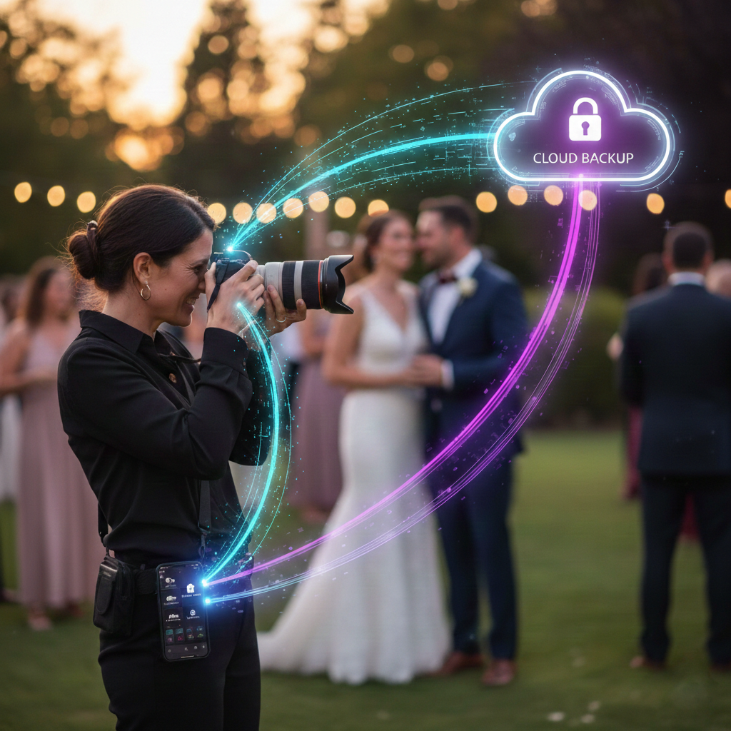 image depicts a photographer at a wedding using instant wireless transfer